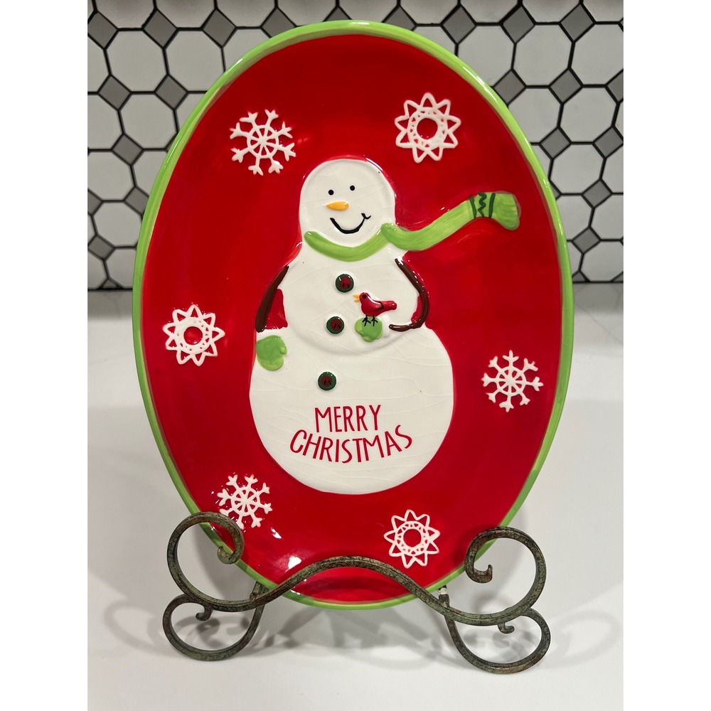 DEI Christmas Snowman Ceramic Serving Platter with Metal Display Stand Red 12in